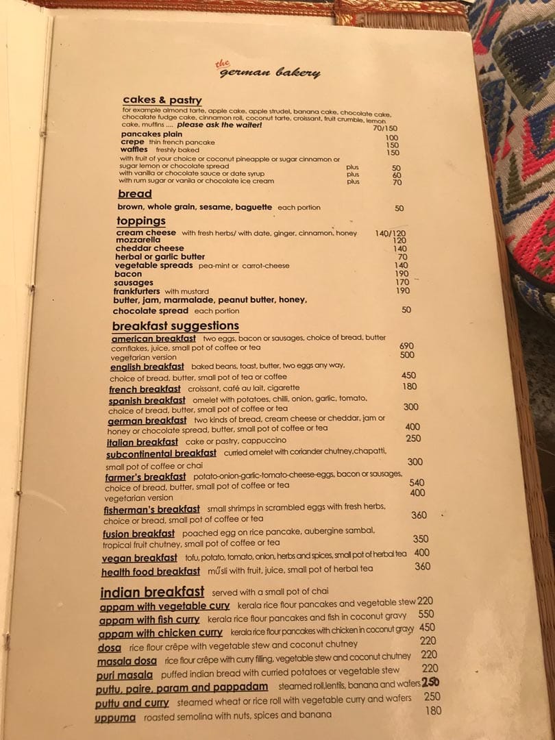 Menu &ndash; Waves Restaurant & the German Bakery, Trivandrum, Kerala, India